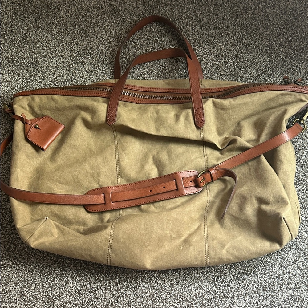 Madewell Tan Canvas Travel Bag with Leather Trim